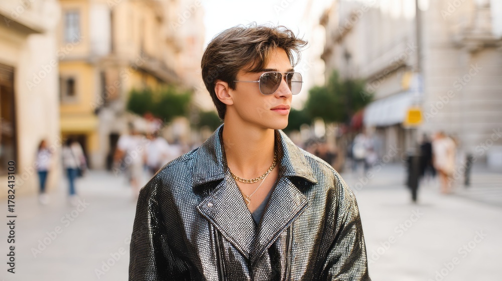 Fototapeta premium Young man in stylish sunglasses and shiny jacket walking through a busy street in a vibrant urban setting during daylight, showcasing fashion and confidence