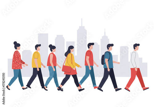 A diverse group of people walking in a line, with a cityscape backdrop.