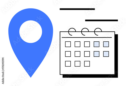 Blue location pin next to a grid-style monthly calendar. Ideal for scheduling, time management, appointment planning, event tracking, navigation, travel, and organization. Modern flat metaphor