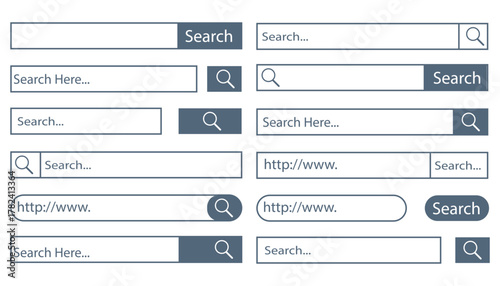 Search bar with Internet browser engine with search box, address bar and text field. UI design, website interface element with web icons and push button. Vector illustration EPS 10