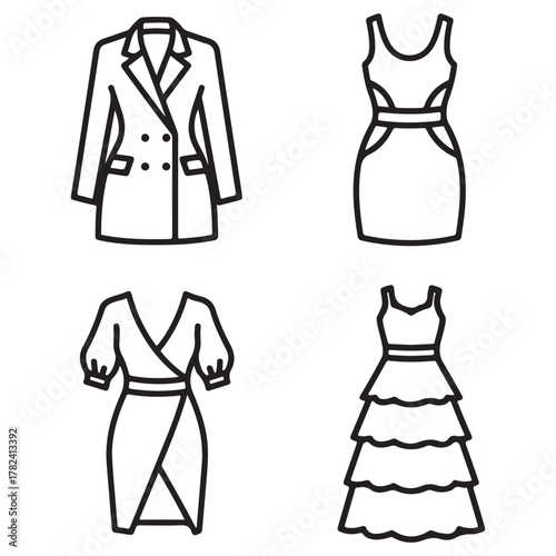 Four Outline Illustrations of Women's Dresses and a Blazer Jacket clothing fashion