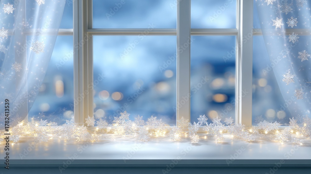 Naklejka premium Cozy Winter Window Scene with Soft Drapes, Flickering Lights, and Snowflake Accents on a Snowy Evening