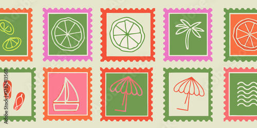 Collection of playful hand drawn summer vacation icons in postage stamp format