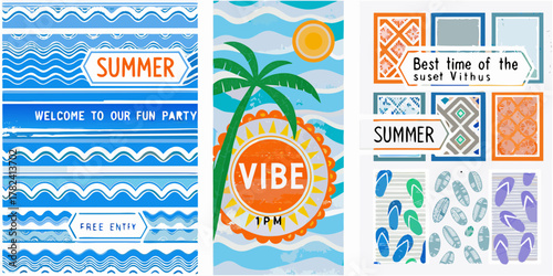 Vibrant summer party invitation designs with tropical beach elements and fun graphics