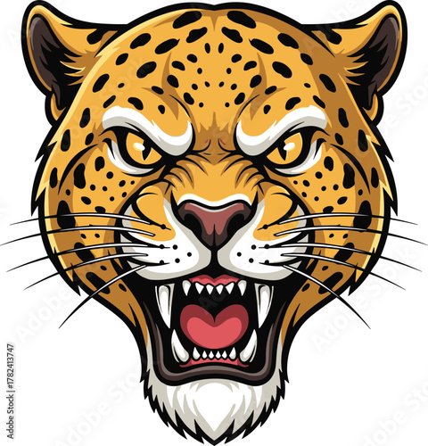 Fierce roaring leopard head illustration, wild animal face artwork, powerful jungle predator graphic design, wildlife mascot vector, aggressive expression logo
