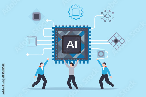 Team of people working together to build and connect an artificial intelligence chip and network