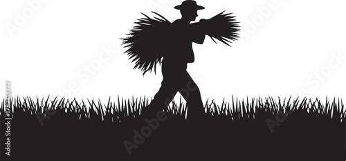 Silhouette of a farmer wearing a hat carrying a large bundle of hay across a grassy field vector