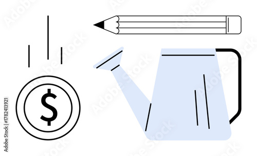 Watering can nurturing ideas, pencil symbolizing creativity, falling coin suggesting financial growth and investment. Ideal for finance, innovation, sustainability, education, entrepreneurship