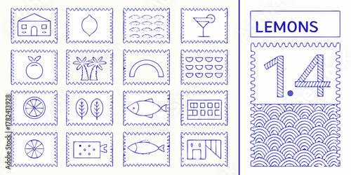 Collection of hand drawn blue line art icons and illustrations on a white background with the word lemons and the number 14