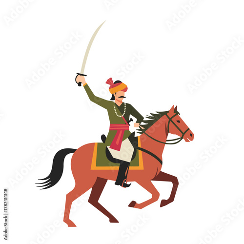 Warrior horse rider sword turban mustache indian culture art on white background