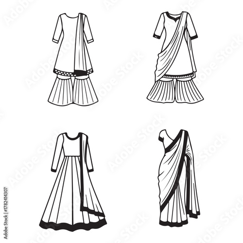 Line art illustrations of Indian traditional women's clothing on white Indian clothing traditional dress