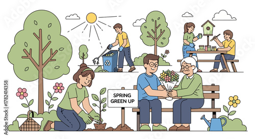 Community volunteers engage in spring green-up, planting trees, tending gardens, and fostering urban beautification and helpfulness