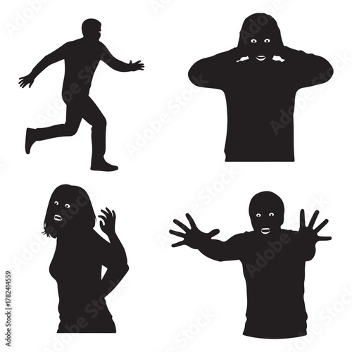 Silhouettes of people expressing fear and running on white background panic scared