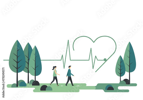 Illustration of a man and woman walking outdoors among trees, with a heart and ECG line representing cardiovascular health and wellness.