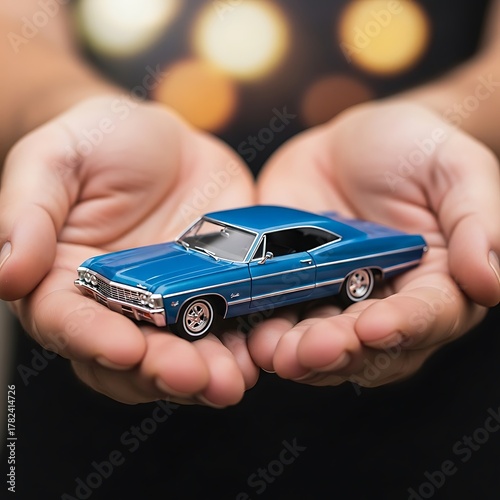 Blue 1966 Chevrolet Impala Model Car Held in Hands.