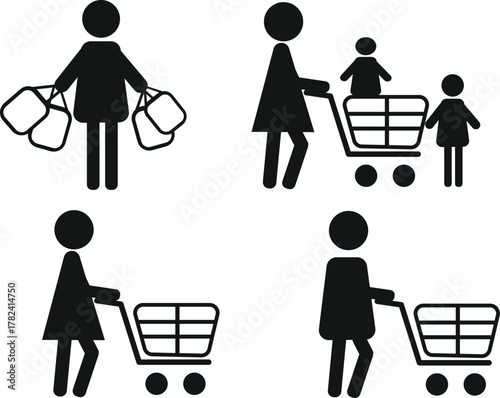 Shopping Icons Vector Set - People with Shopping Bags and Carts Silhouette Black White