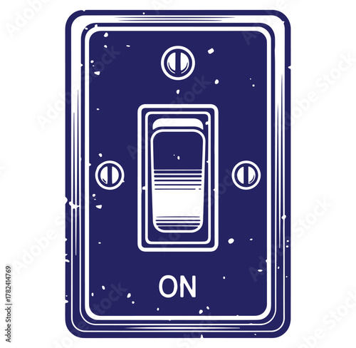Blue and white grunge style light switch indicating on position for electrical illustrations
