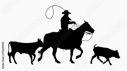 Majestic silhouette of cowboy herding cattle on horseback with lasso, capturing the spirit of the Wild West, ideal for western themes and ranch life designs