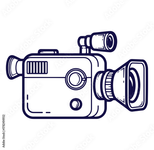 Classic video camera illustration in clean line art for filmmaking and media production