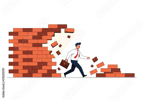 A businessman runs through a collapsing brick wall, symbolizing overcoming obstacles and breaking barriers to achieve success.