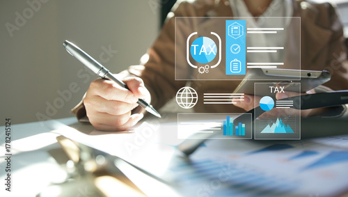 businessman organizing tax checklist through virtual interface. Tax planning services to maximize tax savings and optimize business finances