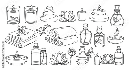 Detailed collection of spa and wellness elements, including lit candles, essential oil bottles, serene lotus flowers, and smooth massage stones, in clean outline style.