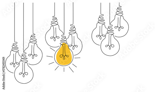 One continuous line drawing of hanging light bulbs with one shining. Concept of creative idea