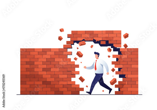Businessman breaking through a brick wall, symbolizing overcoming obstacles and achieving success with determination.