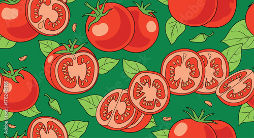 Vibrant seamless pattern showcasing juicy red tomatoes, both whole and sliced, intertwined with fresh green basil leaves on a rich dark green background.