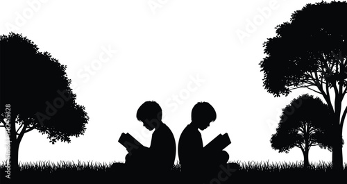 Children reading silhouette, back to back, outdoor education, peaceful nature, black vector, tree background, study time, learning moment, childhood focus