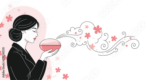 Elegant woman gently inhales the sweet fragrance of flowers emanating from a stylish bowl, with graceful floral steam swirling in a beautiful artistic illustration.