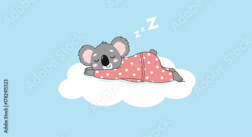 Peaceful cartoon koala bear cuddles in polka-dot pajamas, sweetly sleeping on a fluffy white cloud with "Zzz" floating above, representing bedtime.