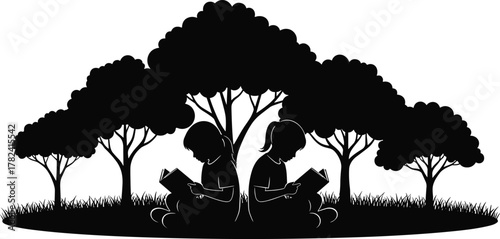 Children reading silhouette, back to back, outdoor education, tree background, peaceful nature, black vector, study time, learning moment, childhood focus