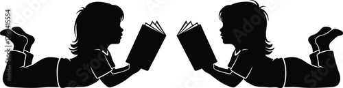 Children reading silhouette, lying face to face, black vector, peaceful moment, childhood education, book lovers, outdoor study, literacy scene, learning pose