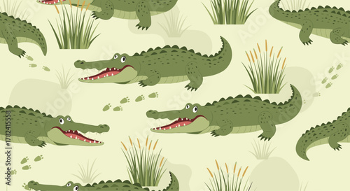 Exciting seamless pattern showcases cheerful green crocodiles traversing a lush swamp landscape filled with tall reeds and scattered animal footprints, ideal for kids' decor.