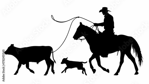 Bold cowboy silhouette expertly roping cattle from horseback, evoking western ranch life and skilled horsemanship, perfect for rustic themes