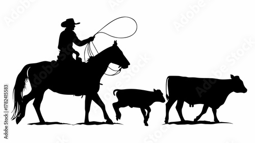 Classic cowboy silhouette riding horse herding cattle with lasso, evoking western heritage and rural lifestyle, perfect for branding and vintage designs