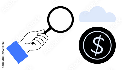 Hand with magnifying glass focusing on dollar coin near cloud. Ideal for finance, savings, investment, economy, analysis, money management, business strategy. Simple flat metaphor