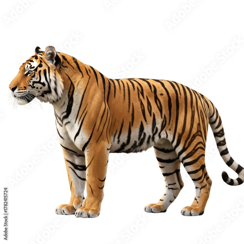 Majestic bengal tiger standing profile against black background