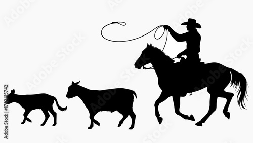 Dynamic cowboy silhouette riding horse with lasso herding cattle, evokes Western adventure and ranching lifestyle, perfect for branding or design projects