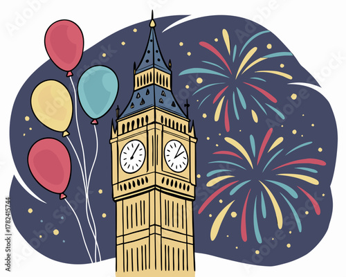 Big ben with balloons and fireworks, london, uk