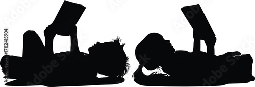 Children reading silhouette, lying on grass, black vector, peaceful moment, childhood education, book lovers, outdoor study, relaxed learning, literacy scene