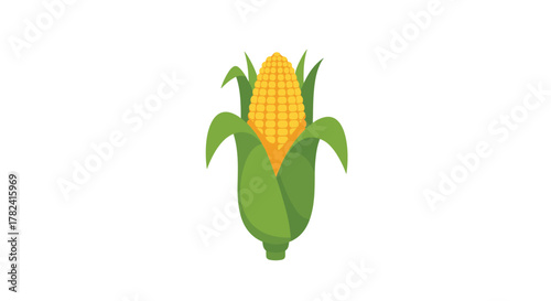 Iconic image of a single, perfectly ripe corn on the cob, boasting plump yellow kernels encased in fresh green husks, against a clean white background.