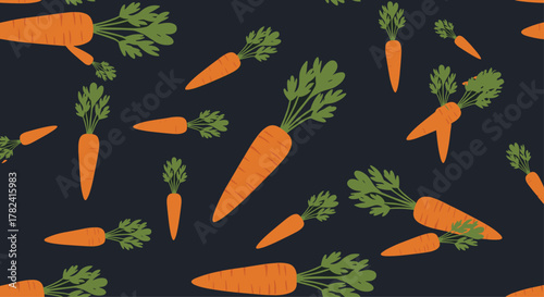 Rustic seamless pattern features a bountiful scattering of fresh, vibrant orange carrots with lush green tops, set against a stylish dark grey background.