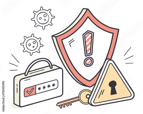 Cyber security concept with shield, lock, key, and virus