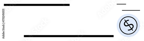 Stylized bank check featuring horizontal black lines and a prominent dollar sign in a blue circle. Ideal for finance, banking, payment, transaction, money management, business, retail. Clean simple