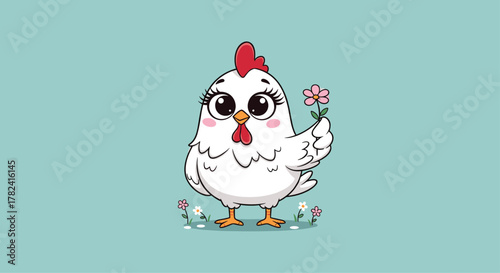 Cheerful cartoon chicken with big, sparkling eyes and rosy cheeks happily presents a delicate pink flower, standing amidst a field of small blossoms.
