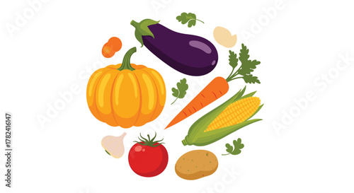 Colorful circular arrangement of fresh, vibrant vegetables, including a cheerful orange pumpkin, a deep purple eggplant, and crisp green herbs, symbolizing healthy eating.
