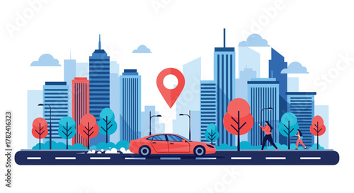 Vibrant city skyline illustration features towering skyscrapers, lush trees, and a red car moving along a road, highlighted by a prominent location pin.