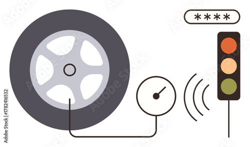 Car tire with pressure gauge connected, displaying traffic light status and wireless signals. Ideal for vehicle safety, transportation, maintenance, technology, efficiency, alert systems, simple flat